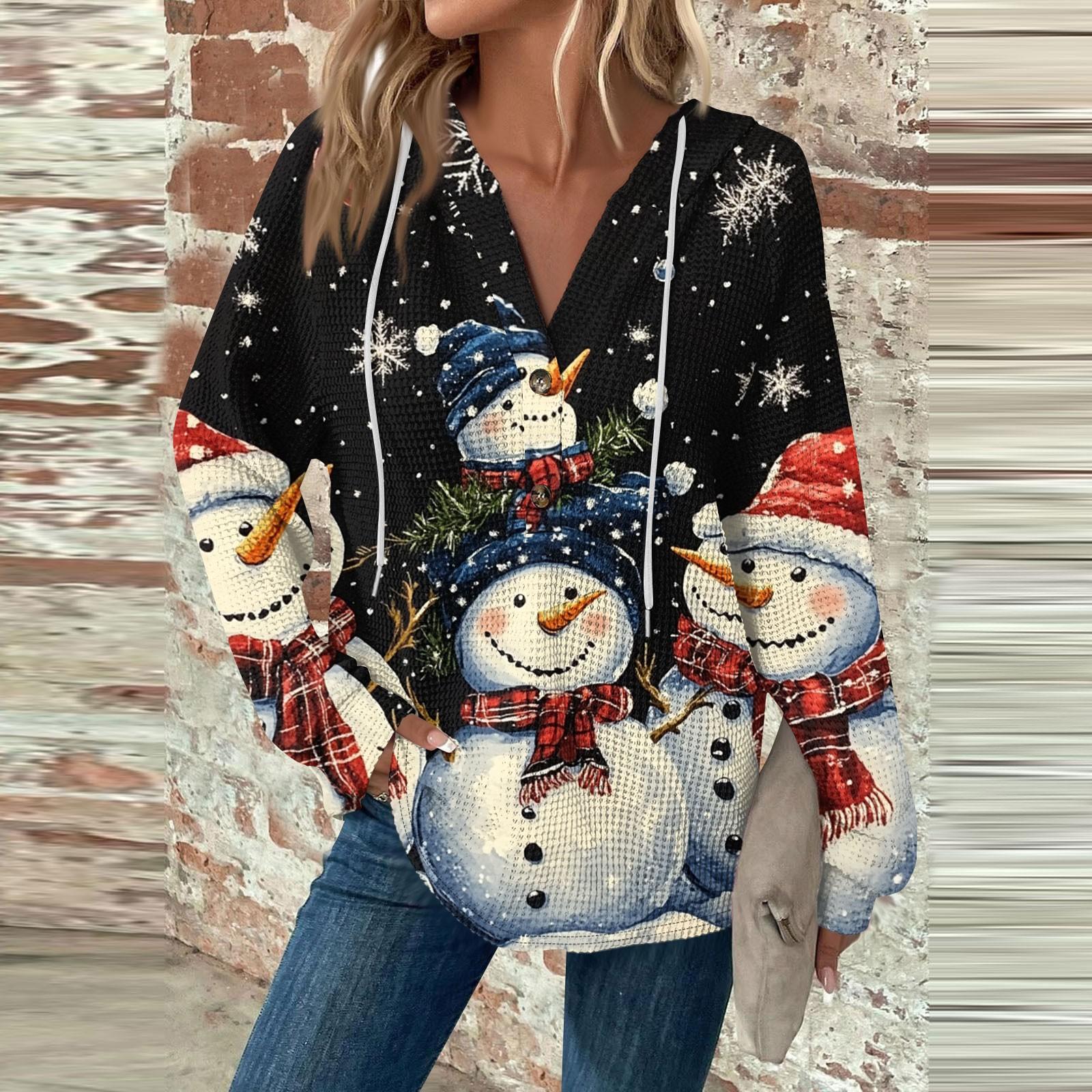 

Женский повседневный топ с длинными рукавами, пуговицами, V-образным вырезом, рождественским принтом, завязками и капюшоном M