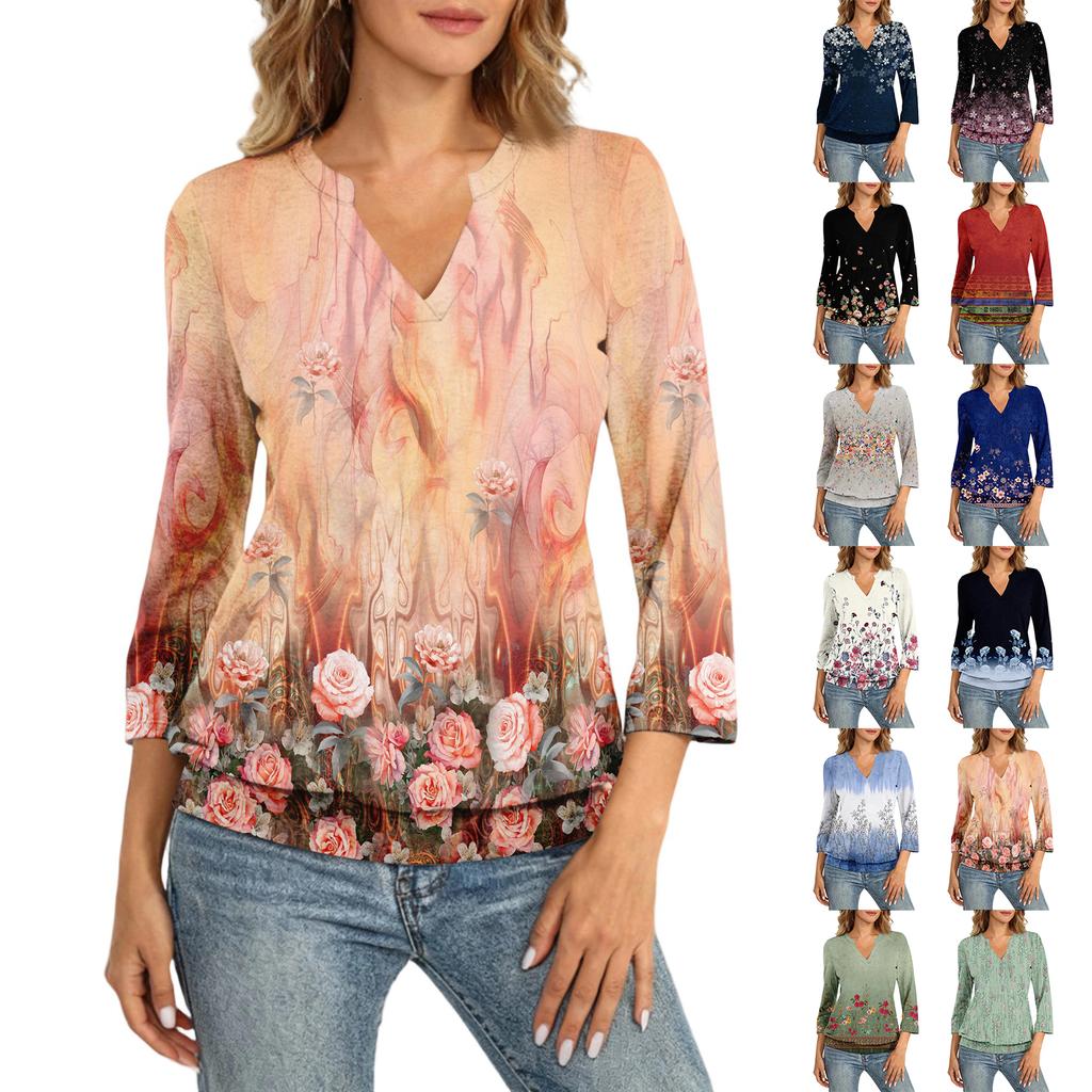 Damen 3/4-Ärmel Oberteil Hals Saum V-Ausschnitt Sommer Freizeit T-Shirt Vintage Bedrucktes Oberteil