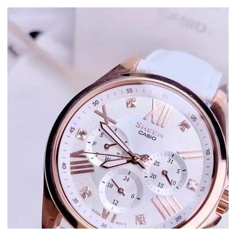 Casio SHEEN series three eyes and three circles design business quartz movement leather strap Japanese and Korean watch women's watch SHE-3806GL-7AQ