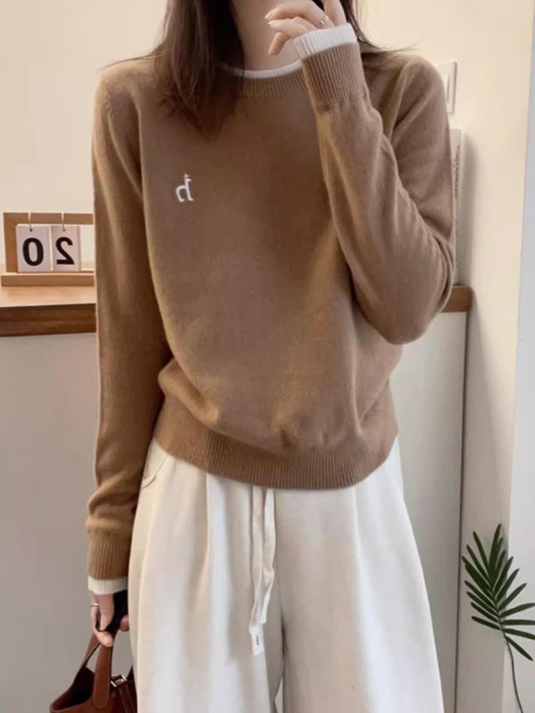 2025 Women's Autumn/Winter Pure Wool Color Block Embroidered Knitwear - Casual Round Neck Loose Base Layer Top