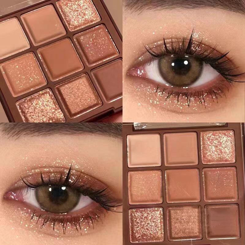 Palette di nove colori di ombretti opachi e glitterati impermeabili: a lunga tenuta, anti-sudore e illuminanti.