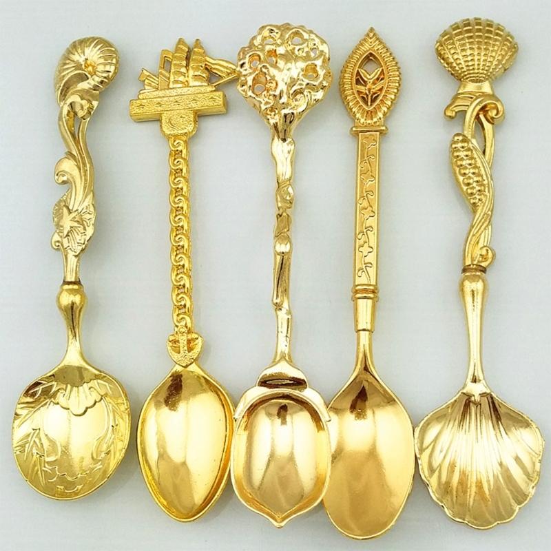 Retro Art Embossed Alloy Spoon Set 5Pcs Kitchen Utensils Durable Alloy Tableware Collection For Dining Elegances