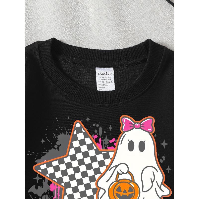 European sizes Girls' Soft Crewneck Sweatshirt Spooky Ghost Pumpkin Checkered Star Print, Casual All-Match, Ideal Holiday Present