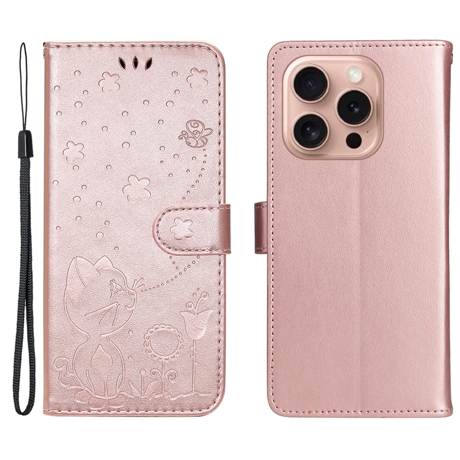 

For iPhone 16 Pro Leather Case Cat Bee Pattern Phone Cover Wallet Stand with Strap Rose Gold