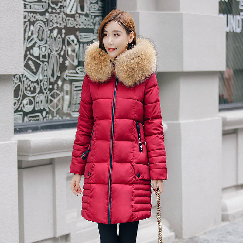New Down Cotton-padded Clothes Women's Medium and Long Korean Version Fur Collar Slim-fitting Large-size Cotton-padded Clothes