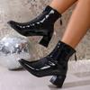 Fashion Fashion Square Toe Ankle Boots for Women Spring Autumn Black Chunky High Heel Boots Woman Back Zipper Patent Leather Botas Mujer