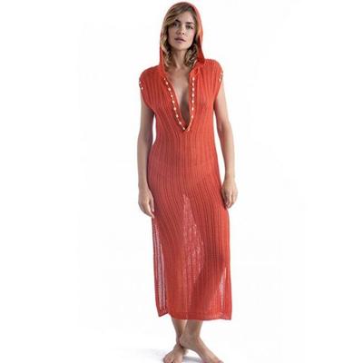 Vertuschungen 2024 Sexy tiefer V-Ausschnitt Kapuzenpullover Gestricktes Sommer-Strandkleid Lange Häkel-Tunika Badeanzug-Überzug