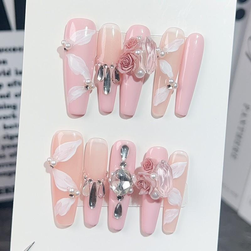Longs Ongles à Presser avec Motif Floral Rose Élégants Style Français Pointe Fine Invisible pour Femmes