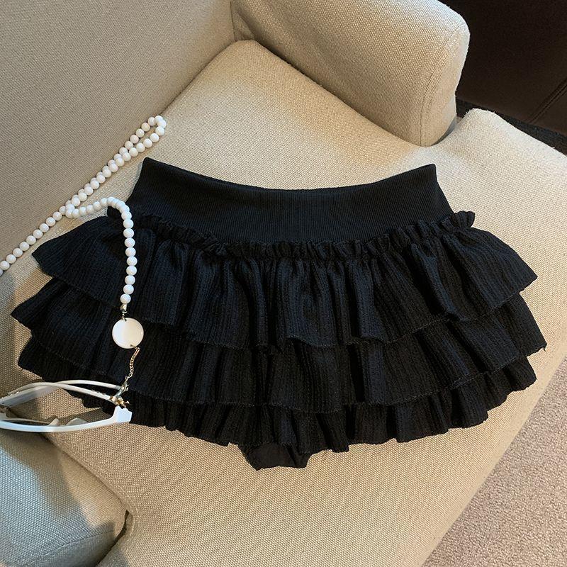 Sweet Puffy Cake Women Skirts Korean Fashion Ruched Ruffle Mini Skirt Campus Harajuku Casual Versatile Elastic Waist Solid Skirt