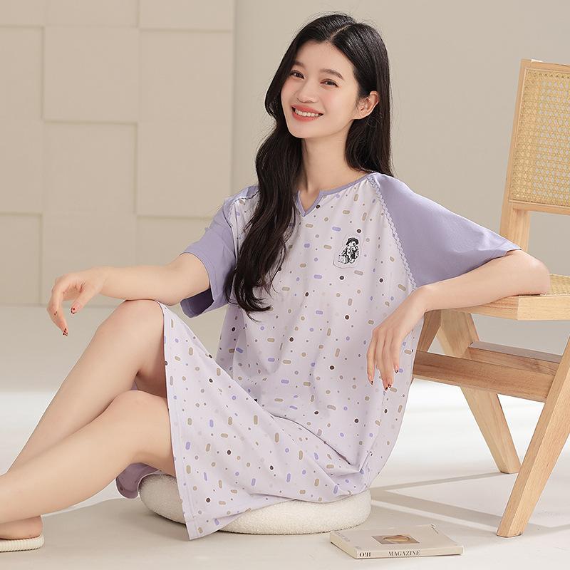 Pure Cotton Nightdress Girls Summer Pajamas Short-sleeved Thin Cute Simple Style Dress Women's Round Neck Home Dress