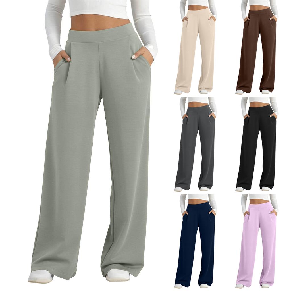 Women's Color Wide Leg Pants with Pockets - Casual Straight Leg Relaxed Fit Trousers for Everyday Wear