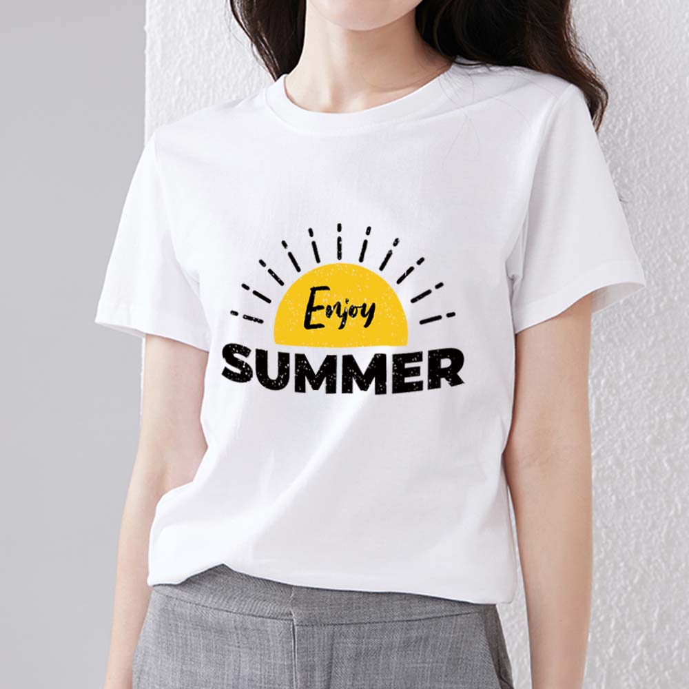 Women's Clothing T-shirt Casual Tops Cartoon Color Word Print Series Round Neck Ladies Fashion Slim Commuter Short Sleeve Top
