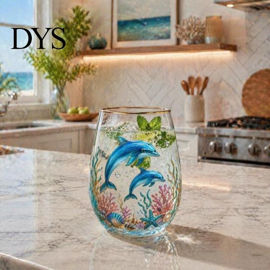 Artistic Hand Painted Drinkware Ocean-Themed Glass Cup, Jellyfish/Dolphins/Sea Turtles/Octopus Hand-Painted, Thickened Drinking Versatile Wide