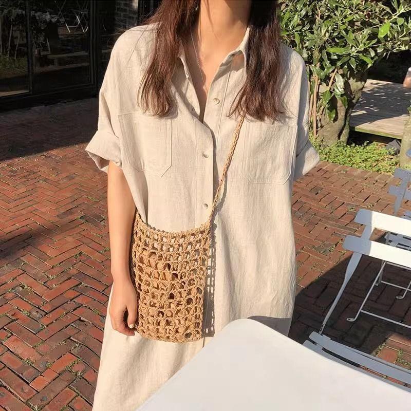 Shirtdress Women's Summer Simple Long Short Sleeve Dress Over The Knee