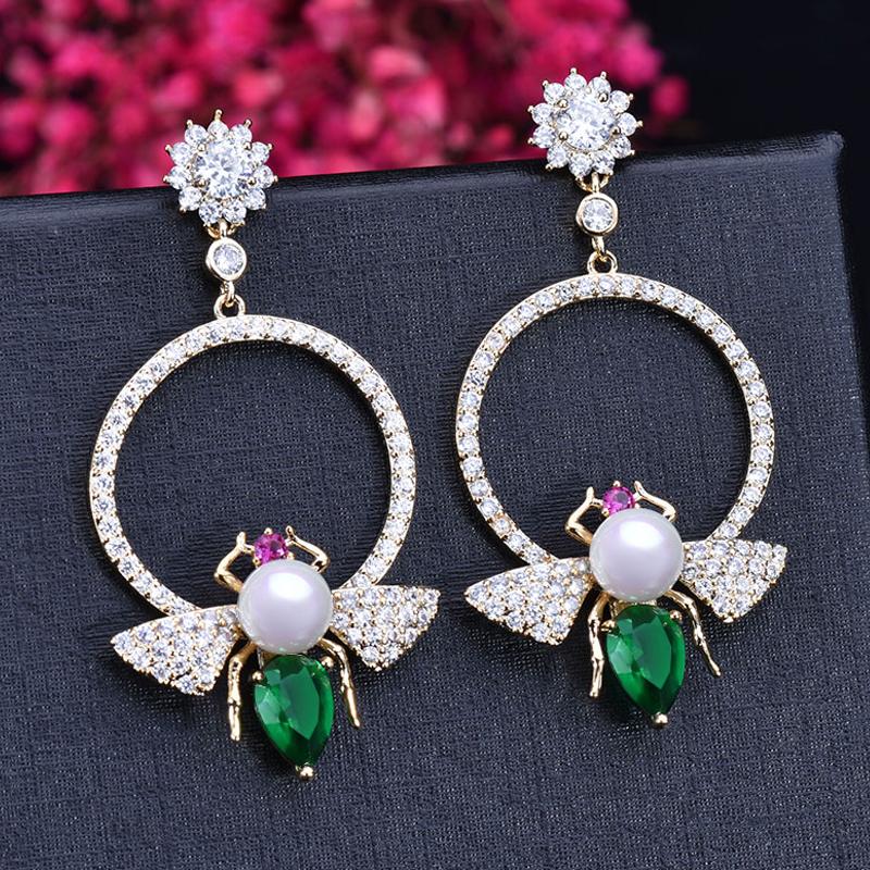 CMM Unique Bee Shape Circle Green Cubic Zirconia Drop Earrings