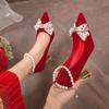 Fashion Comemore Spring and Autumn New Bridal Shoes High Heels Pointed Toe Women Pumps Ankle Pearl Buckle Shallow Mouth Heels for Women