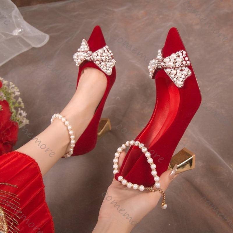 Fashion Comemore Spring and Autumn New Bridal Shoes High Heels Pointed Toe Women Pumps Ankle Pearl Buckle Shallow Mouth Heels for Women
