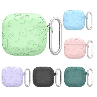 Protetor de Capa de Silicone com Mosquetão Flor Dinossauro Gravada Capa de Proteção Completa para Estojo de AirPods 4ª Geração (2025)