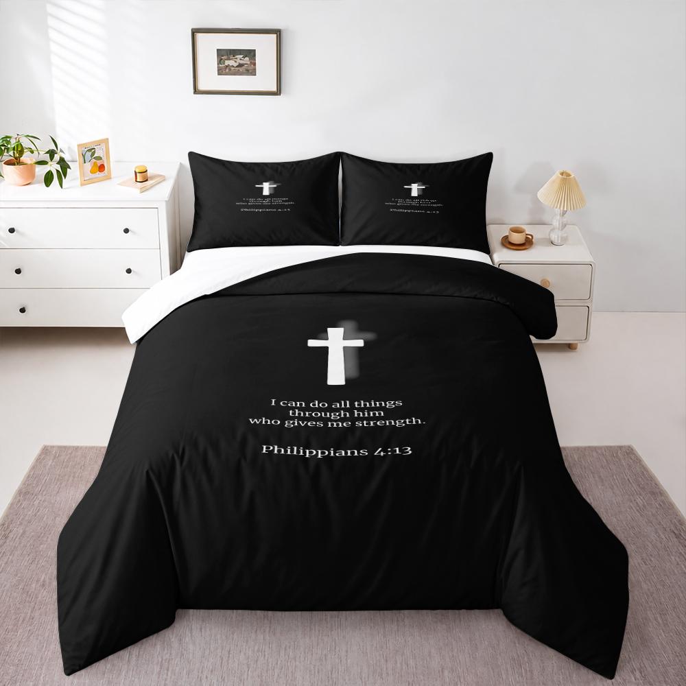 Black White Cross Philippians 4 13 Bedding set (1 duvet cover, 2 pillowcases, duvet not included), Faith Strength Scripture Art Print