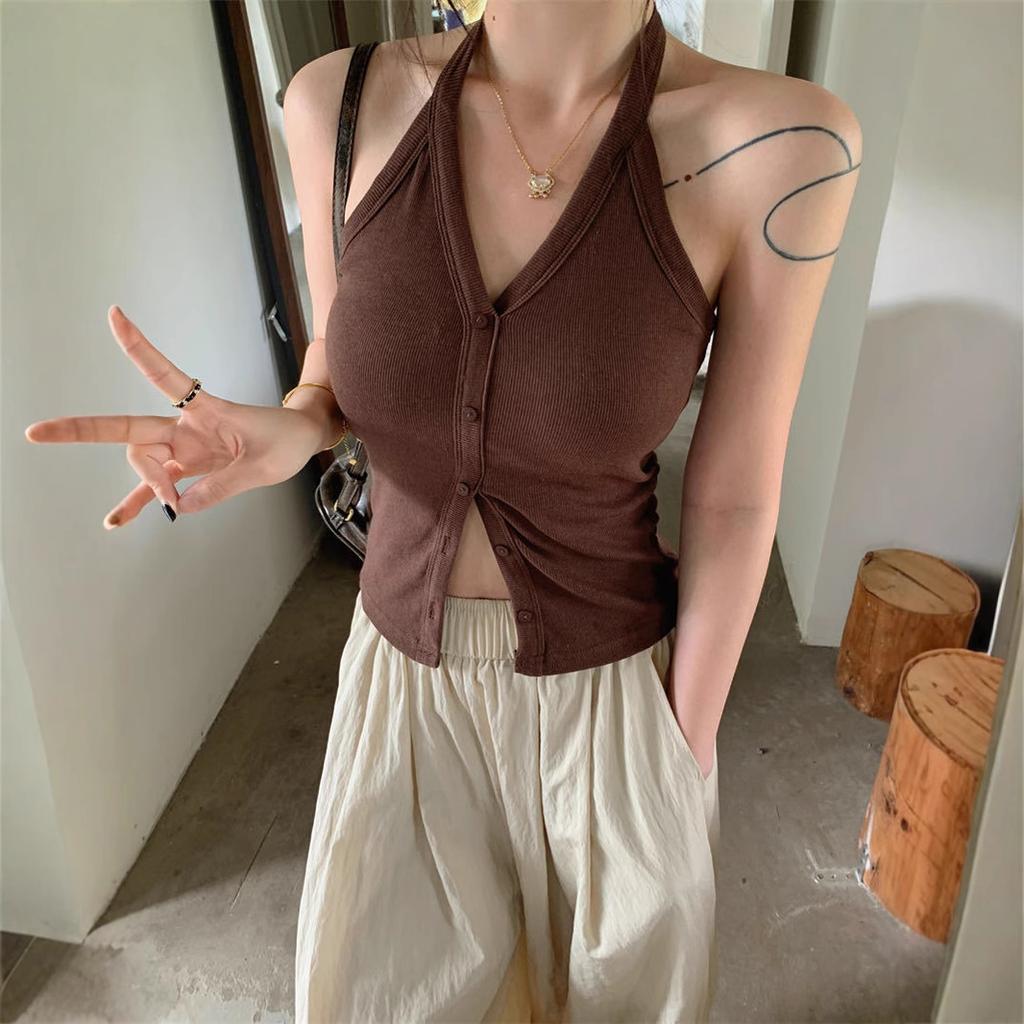 #Neck Vest Women's Summer Outer Wear Design Sense Niche Chic Beautiful Spice Girl Top with Chest Pad Outer Wear