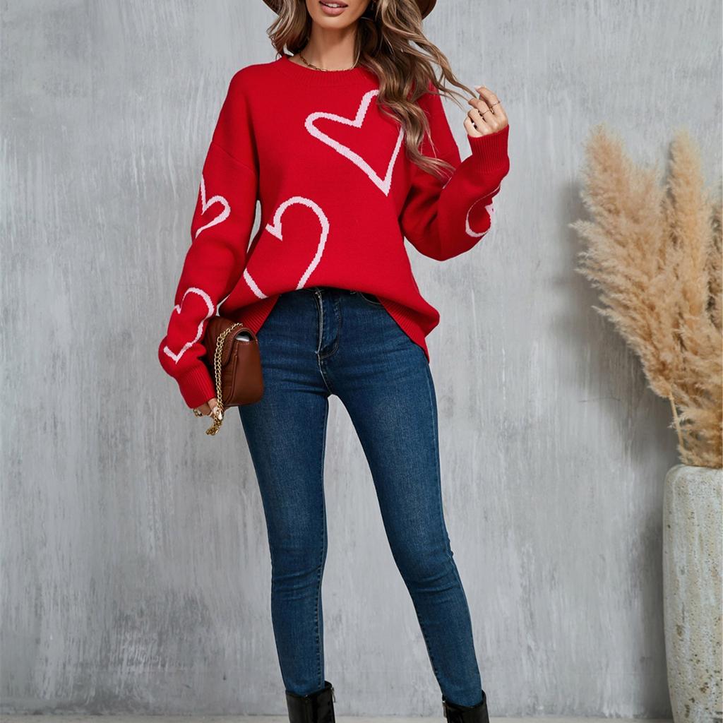 Women's Casual Fashion Round Neck Heart Sweater Knitted Bottoming Shirt