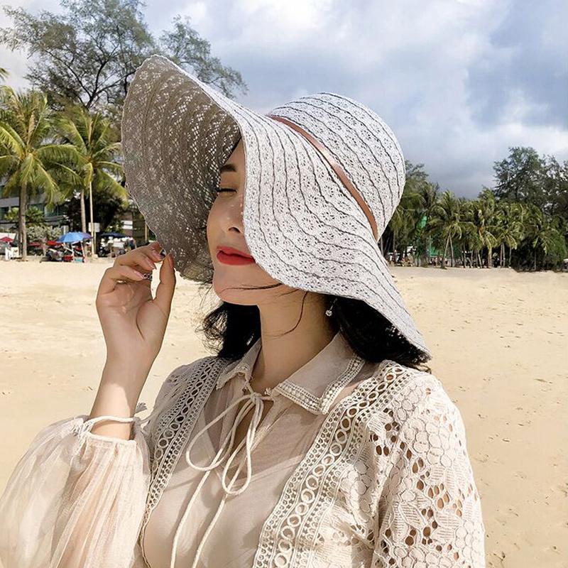 Summer Foldable Cotton Beach Bow Sun Hats For Women Fashion Floppy Elegant Beach Visor Hat Ladies Lace Hollow Straw Hat
