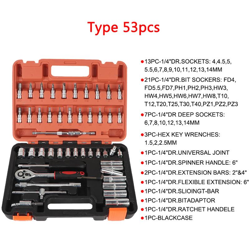 Removal Tools 1/4Inch Drive Socket Set Torx Bit Socket Set Car Repair Tools Ratchet Torque Socket Wrench Bar 46Pcs 53Pcs