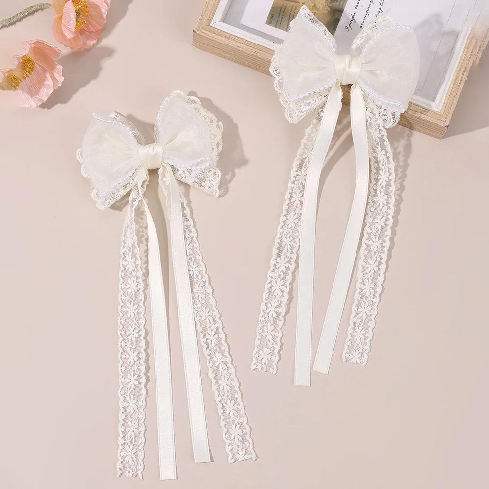 2Pcs Beige Lace Bow Hair Clips With Long Ribbon Elegant Pearl-trimmed Chiffon Bownot Barette For Girls Women Hair Accessories