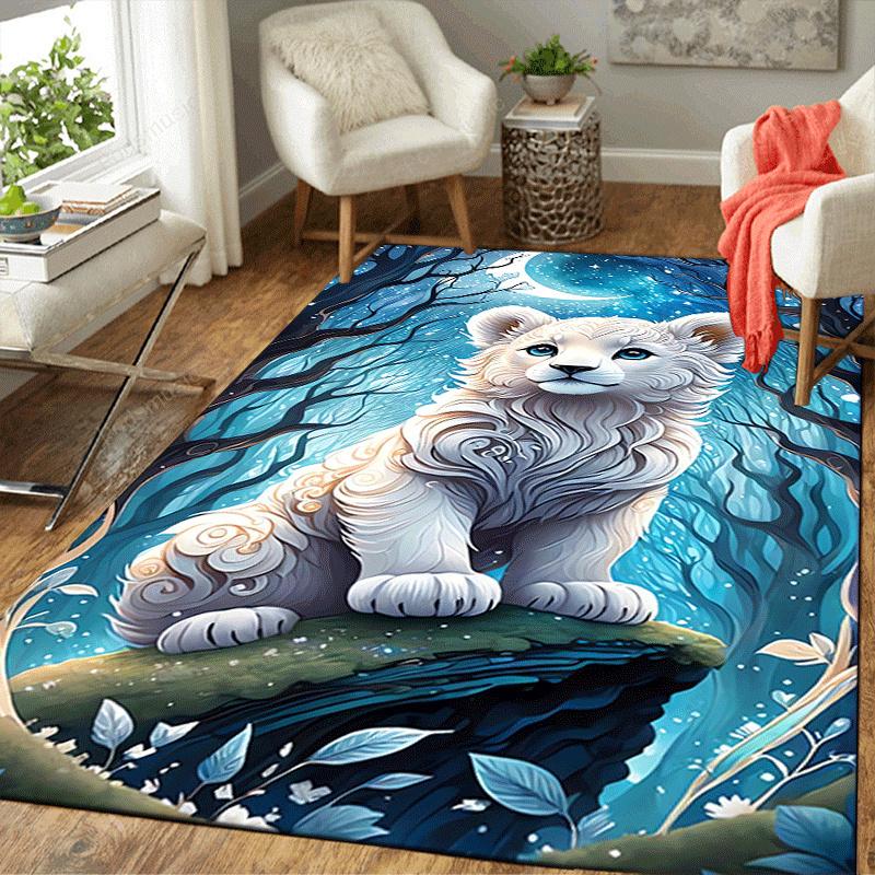 1pc White tiger under the moon Print Design Area Rug - Soft, Anti-Slip, and Durable Gaming Room Decor for Bedroom