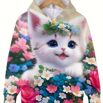 Cute Kitty Graphic Long Sleeve Hooded Sweatshirt Kids Clothes Spring Fall