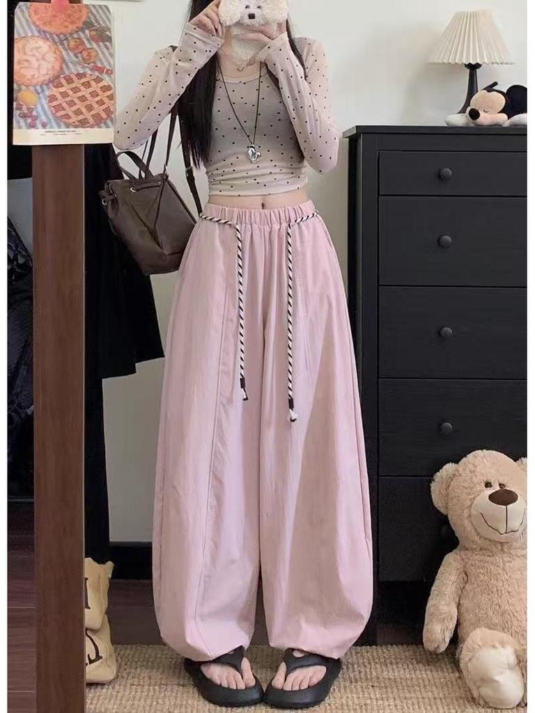 Drawstring High-Waist Women's Banana Pants - Spring 2026 Wide-Leg Loose Fit, Floor-Length, Slimming Casual Design.