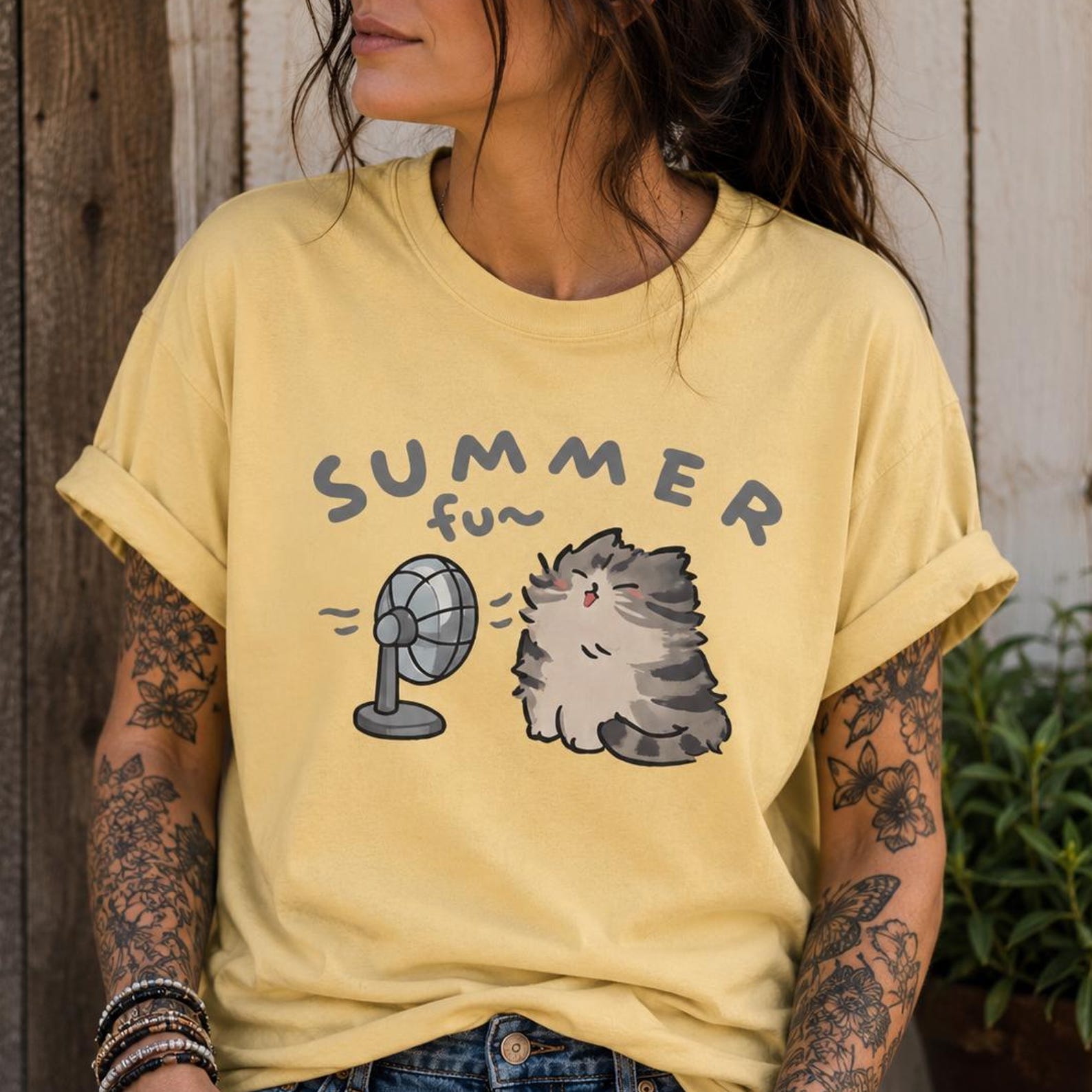 Summer Cat by Desk Fan T-Shirt | Cute Fluffy Cat Tee, Funny Summer Cat T-Shirt, Cozy Cat Lover Gift S