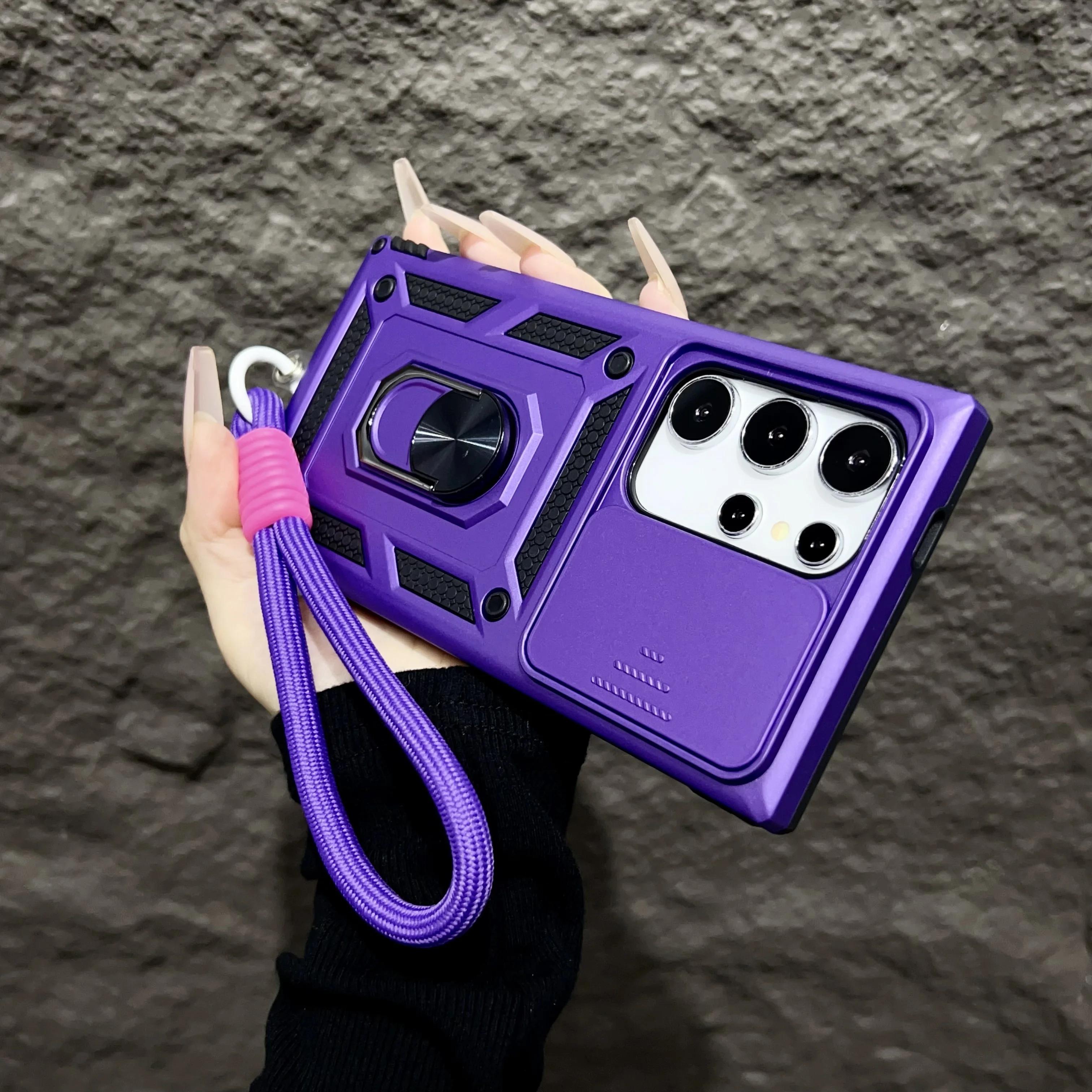 

Armor Magnetic Bracket Case For Samsung Galaxy S25 S24 S23 S22 S21 Ultra Plus With Lanyard Slide Camera Protect Shockproof Cover For Galaxy S25 Ultra&Case & Strap зелений