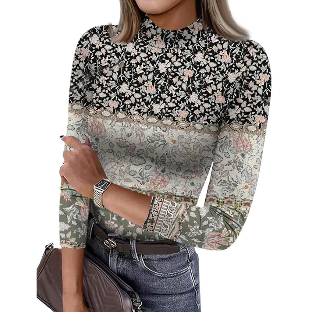 Damen Slim Bottom T-Shirt Mode Lässig Farbverlauf Druck Rundhals Pullover 3/4 Ärmel Top