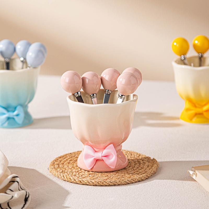 Фруктовая вилка с бантом высокая ценность легкая роскошь бытовая милая нержавеющая сталь маленькая вилка пищевая безопасная обеденный стол набор для хранения