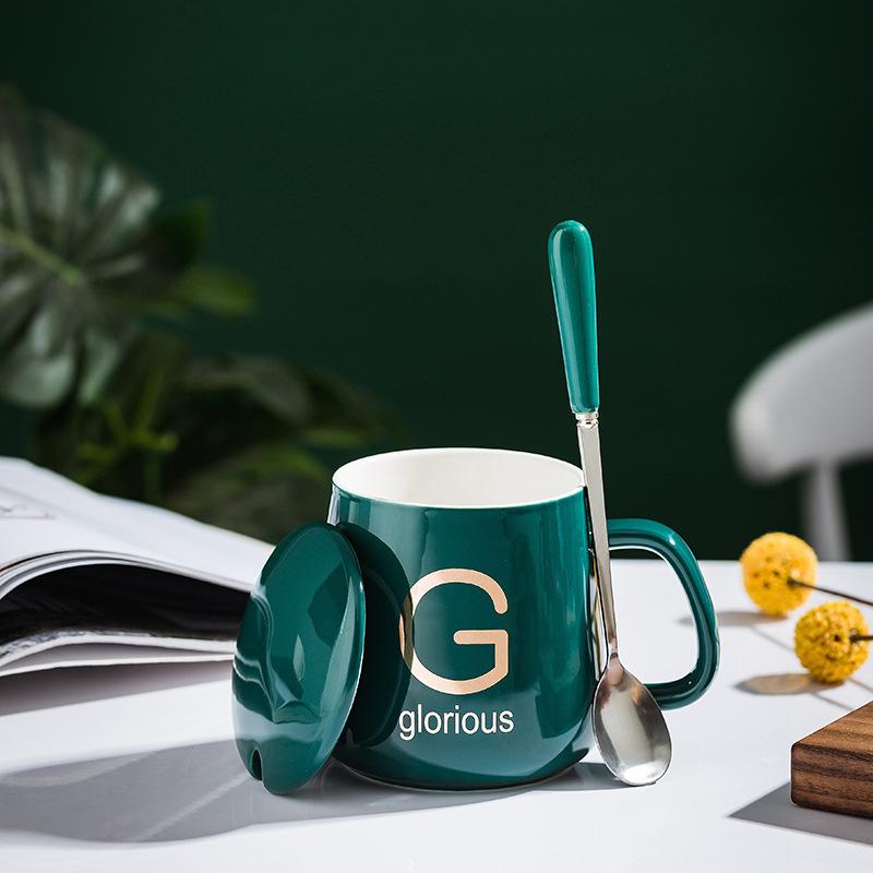 Ceramic Cup Household Printing Creative Personality Trend With Lid Spoon Office Couple Water Cup