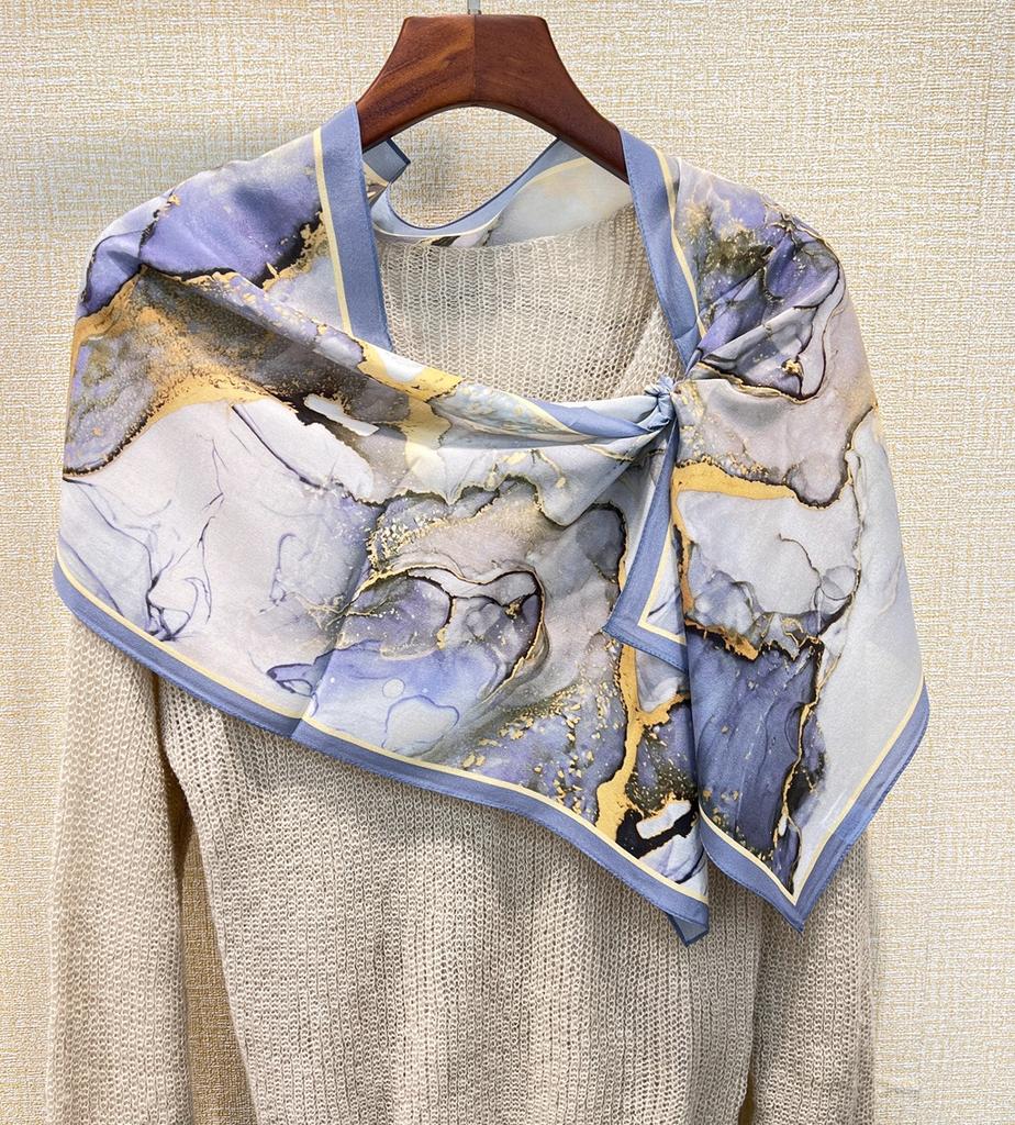 Blue Gilt Double Crepe Silk! Mulberry Silk Silk Scarf For Women'S Spring And Summer Temperament With Decorative Scarf Streamer