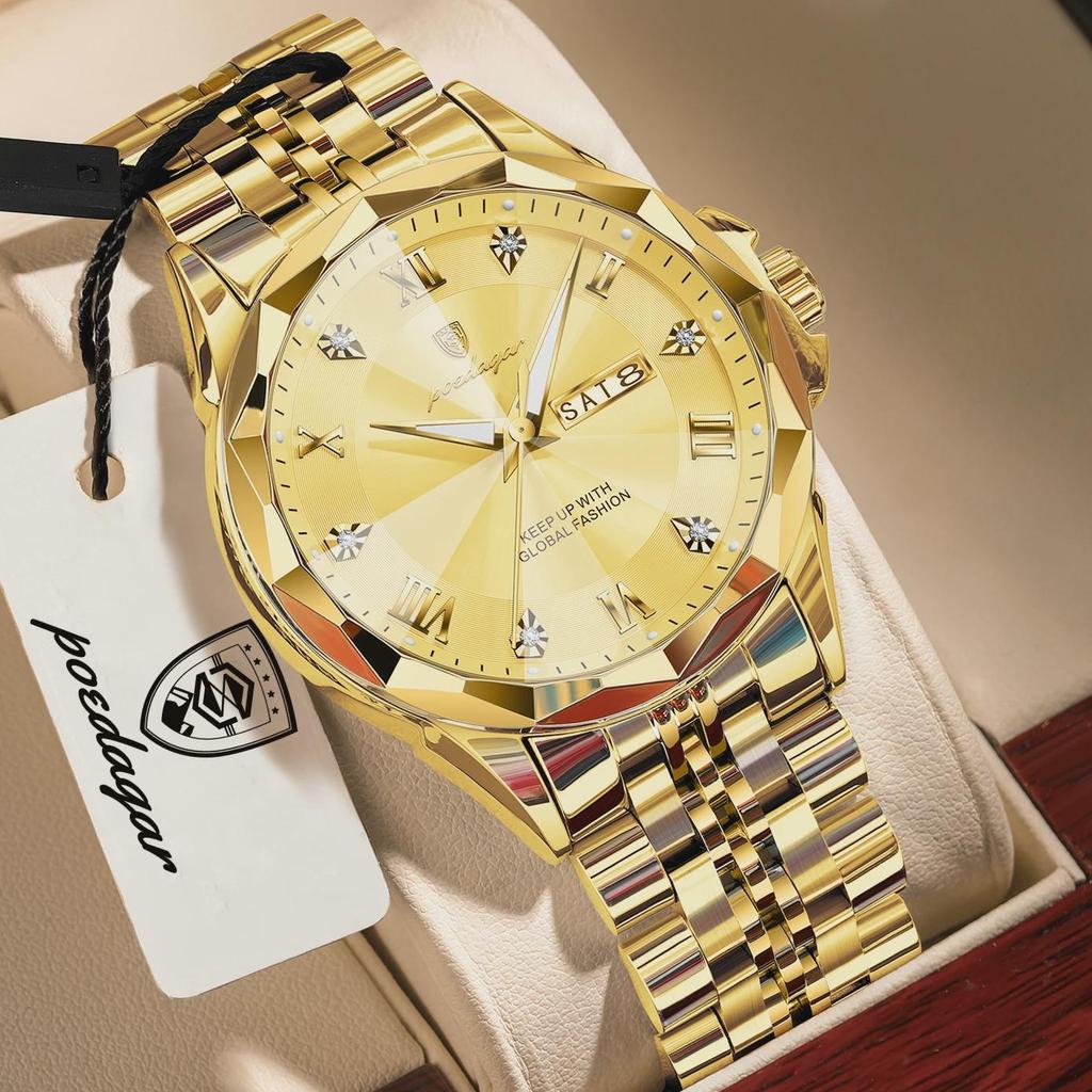 POEDAGAR Luxury Fashion Man Clock Top Business Waterproof Luminous Date Week Men's Watches Quartz Stainless Steel Wristwatch