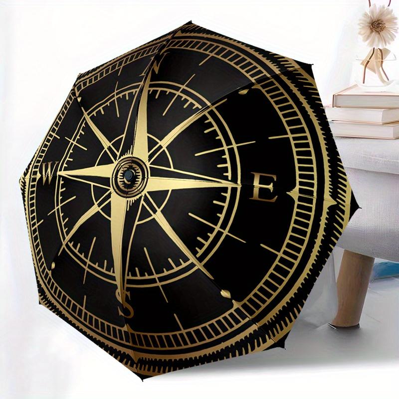 1pc Compass-Themed Automatic Folding Umbrella - Compact 8-Rib Design, Black & Golden Compass & Compass Rose, Durable Plastic/F (as the picture,Iron&8K)