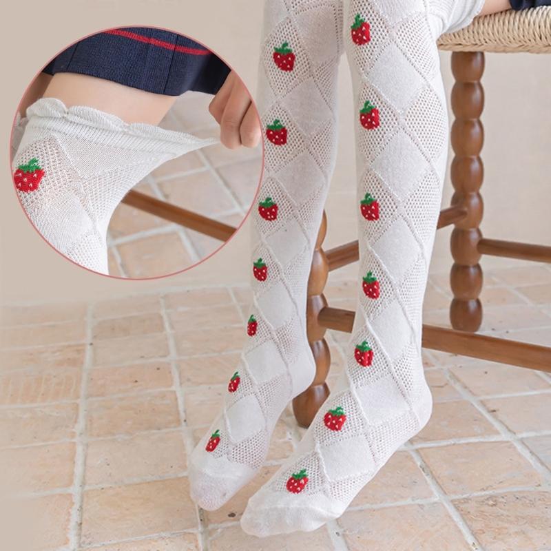 Baby Girls Long Tube Socks Spring Autumn Summer Thin Kids Strawberry Printed Socks Over Knee Length Stockings