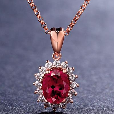 Sunflower Pendant Necklace with Pigeon Blood Ruby and Simulated 18K Gold Diamond On Rose Gold Clavicle Chain