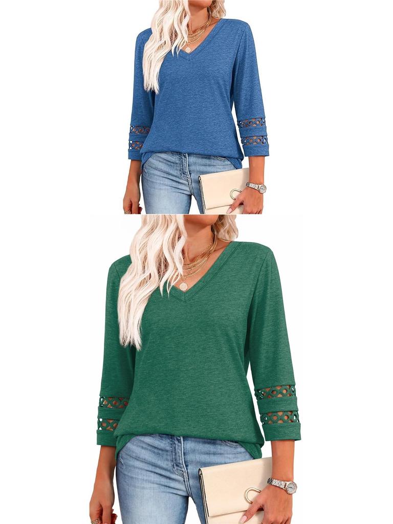 2026 Women's Fashion Solid Color V-Neck Loose Three-Quarter Sleeve Round Neck Hollow-Out Casual Top