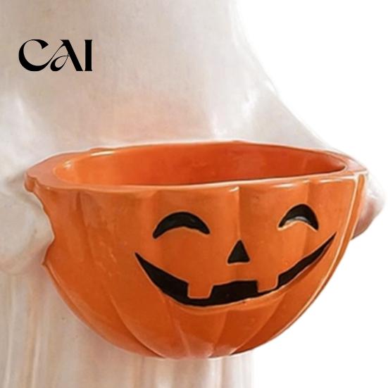 Kid Friendly Halloween Ornaments Resin Ghost Statue with Pumpkin Candy Bowl, Cute Figurine, Trick Seasonal Home Shelf Accessories or Treat Holder for
