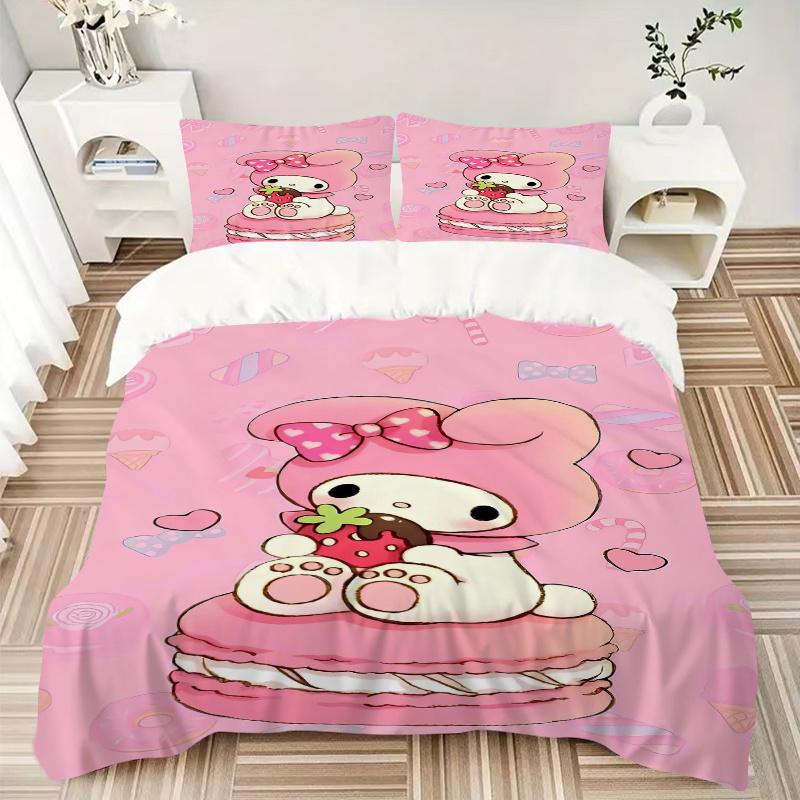 3pcs My Melody On a Pink Macaron Pattern Bedding Set, 1* Cover + 2*Pillowcases, Printed Bedding Set, Soft and Comfortable.S068