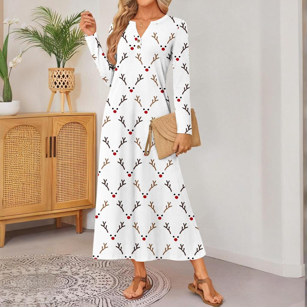 women's cute printed long-sleeved comfortable loose dress, elegant dress
