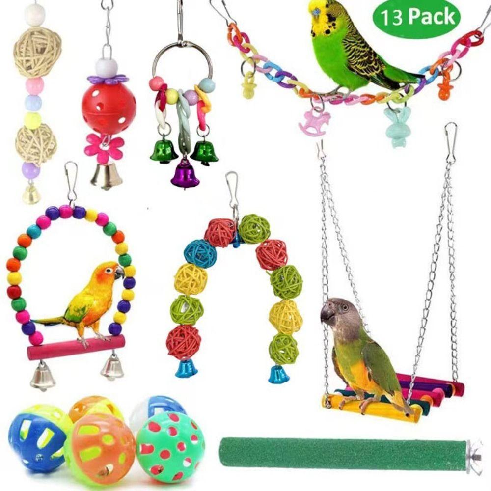 A Set High Quality Colorful Cockatiel Toys Durable Interactive Bird Cage Accessories Wooden Bird Toy Set Training