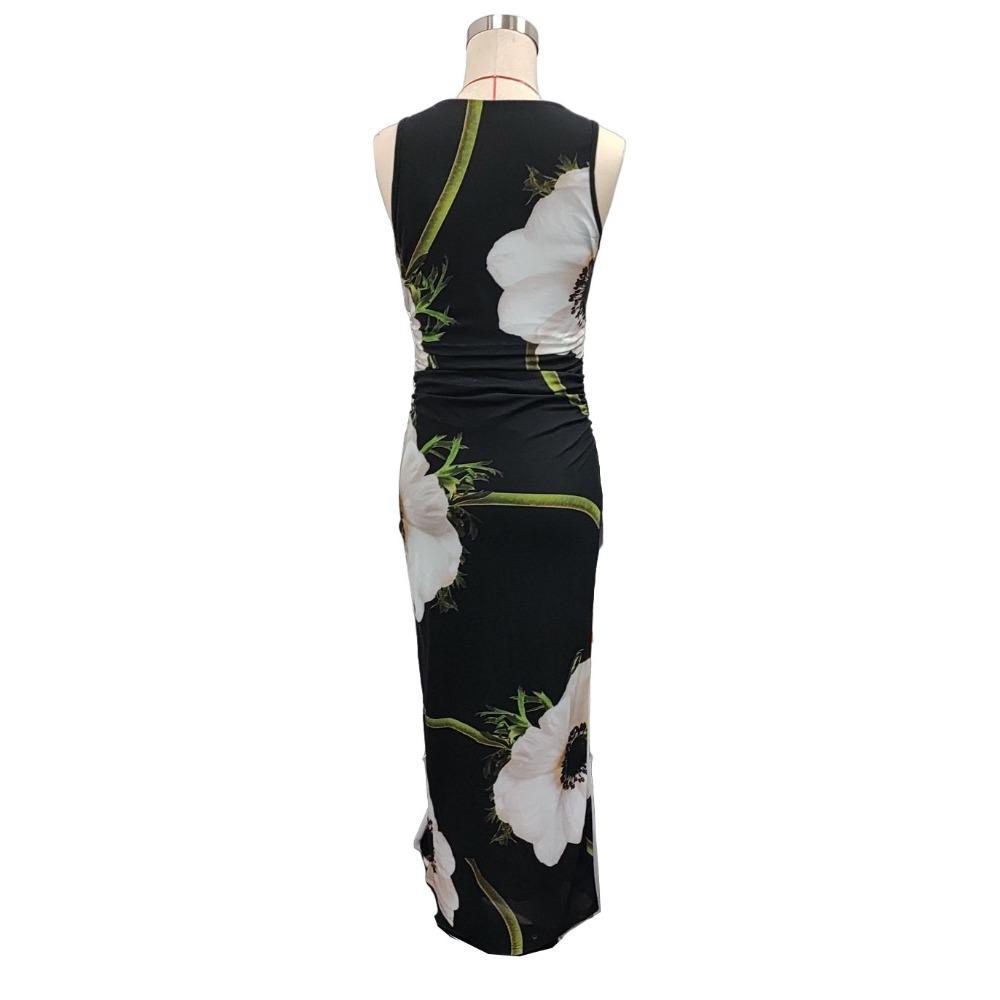 Spring Summer Women's Black Mesh Printed Sleeveless Long Dresses