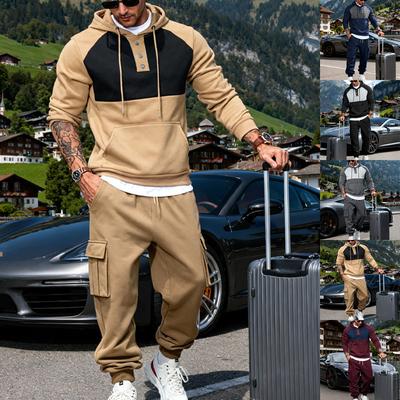 Men's Casual Sports Suit: Hooded Drawstring Button Color Block Sweatshirt With Jogger Pockets