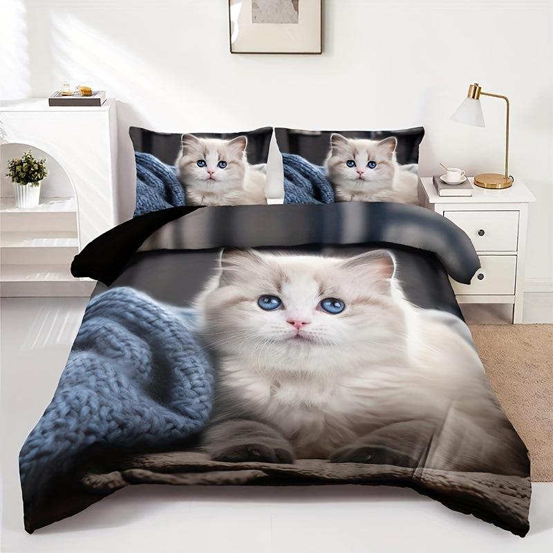 Cute Cat Duvet Cover Bedding Three-Piece Set 3D Animal Digital Printing Quilt Cover