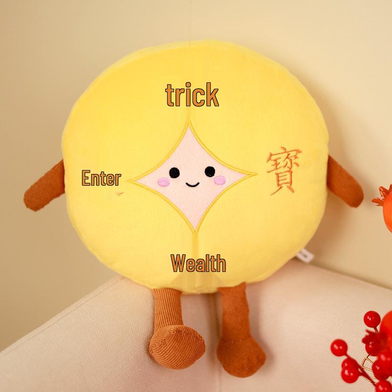 New Year Plush Toy: Prosperity Hug Pillow with Dumplings & Copper Coins, Festive Figure Doll & Decoration with Red Flower for New Year's Eve